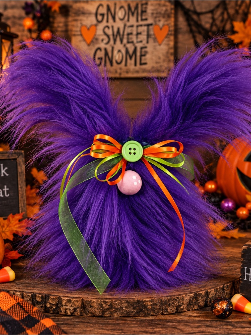 Halloween Frazzled Gnome Purple Bunny, Handmade Faux Fur Decor